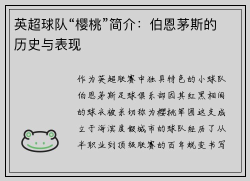 英超球队“樱桃”简介：伯恩茅斯的历史与表现